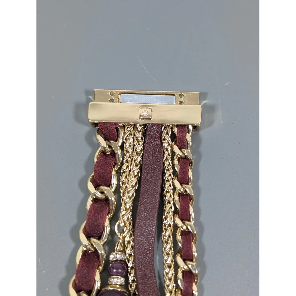 Wide Brown Faux Leather Multi Chain Bracelet Gold‎ Tone Boho Western 7.5